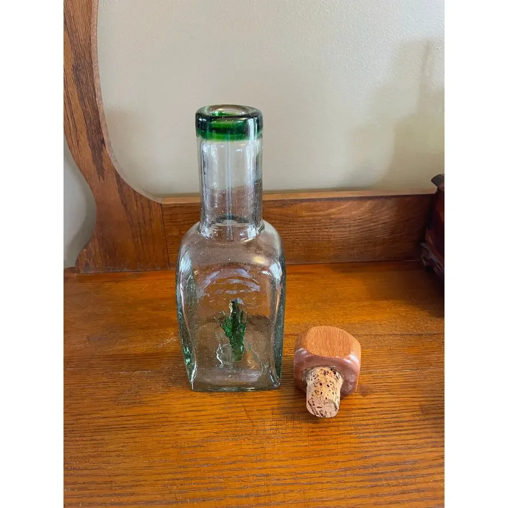 Casta Green Hand Blown Tequilla Bottle w/ Glass Agave Inside & Wood / Cork Top